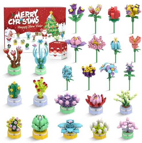Calendario Adviento Niña Niños Paquete de 24 Bloques de Construcción con Suculentas y Ramos Calendario de Adviento 24 días Regalos para niños Niños Niñas