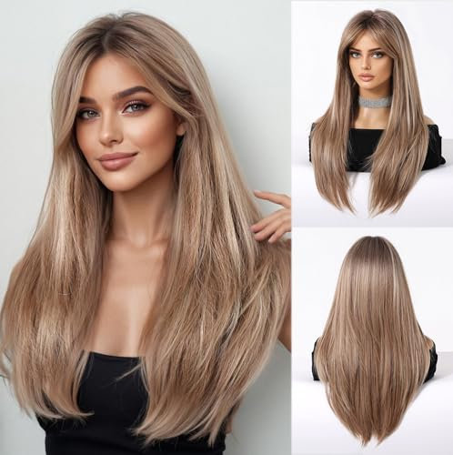 Esmee Long Straight Ash Blonde Wigs for Women Natuaral Synthetic Hair Heat Resistant Ombre Wig for Daily Party Cosplay Use