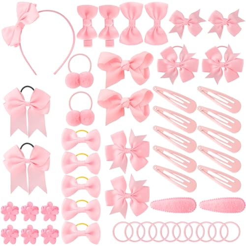 FRIUSATE 50Pcs Girls School Hair Accessories Kit Bow Elastic Headband Hair Clips Kit, Pink Pompom Hair Band Hair Accessories, Pink Bow Ponytail Holder for Girls Best Friend Birthday Gift