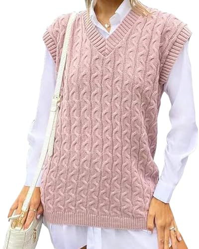 PureLayne® Pull sans manches en tricot torsadé épais pour femme - Débardeur col en V pour dames - Haut tank top pull-over tricoté d'hiver grande taille 36-54, nude, 56-58