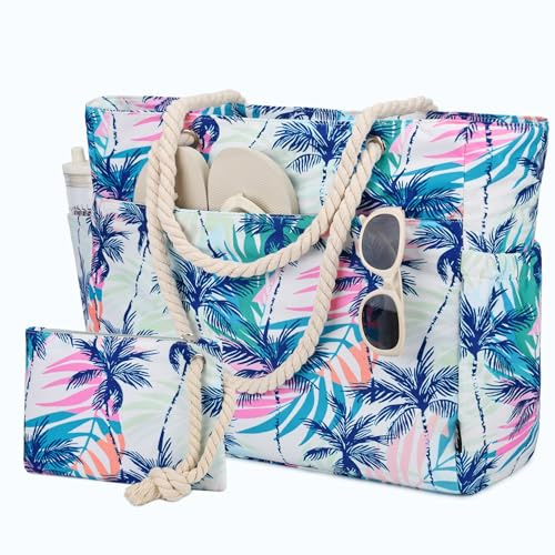 Kasgo Grand Sac de Plage Femme, 30L Poches Multiples Sac Cabas Été avec Pochette Zippée Résistant à l'Eau et au Sable Tote Bag pour Vacances Piscine Gymnase Cocotier