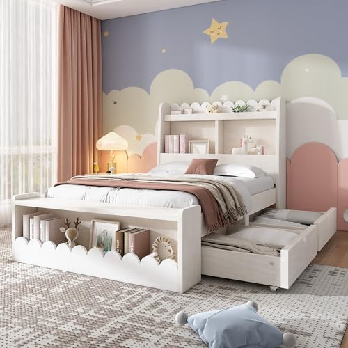 Zepneiy Lit Enfant avec Rangement,Lit Rembourré 90x190 cm avec étagère et Banc, Simple avec sommier à Lattes en Bois, Blanc avec chêne (sans Matelas)