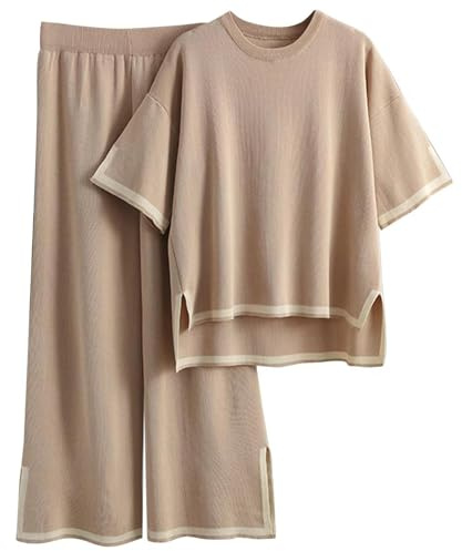 Famulily Women Crew Neck Tracksuit Set Oversized Knit Tops and Wide Leg Pants Color Block Lounge Set Khaki M