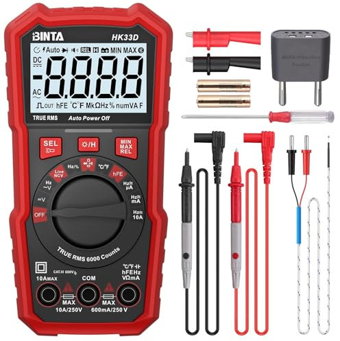BINTA Multímetro Digital 6000 Cuentas Polimetro Digital, Mide Tensión CA/CC, Corriente CA/CC,Continua, Resistencia, Diodo, Temperatura, Frecuencia, Capacitancia, NCV con Cables de Prueba