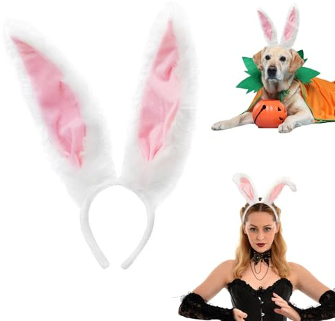 QIZHIQIAMY Oreille de Lapin Halloween Serre Tete Oreille de Lapin Noir Dentelle/Blanc Peluche Bunny Ears pour Adultes Halloween Accessoire de Déguisement, Cosplay (Blanc)