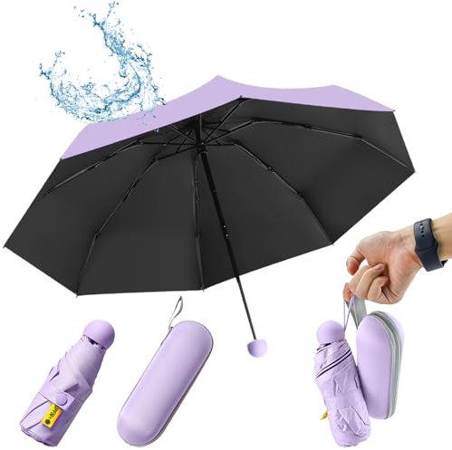 UHETLET Mini Paraguas Plegable con Protección UV 50+ y Antiviento, Paragua Plegable Pequeño con 8 Varillas, Unisex Paraguas Compacto de Viaje Ligero - Portátil en Estuche