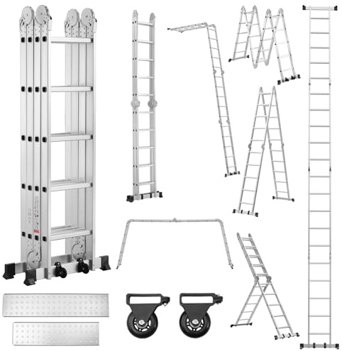 TEENO Escalera Multiusos 7 en 1, 4x5 Escalones 5.8 M de Aluminio, Escalera multifunción con 2 Plataformas y 2 Ruedas Rimovibili, 20 Peldaños, Carga Máxima de 150 kg, para Pintar, Techos, Jardín