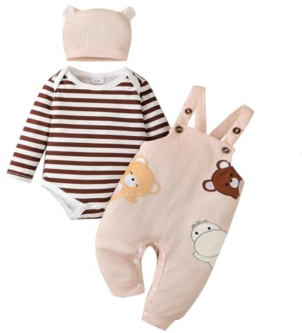 LUVCES Vestiti Set per Neonati Maschi Tutina a Righe a Maniche Lunghe + Pantaloni con Bretelle di Animale + Cappello 3 Pezzi Set di Abiti Autunnali e Invernali 3Pcs Orso bruno striato 3-6 Mesi