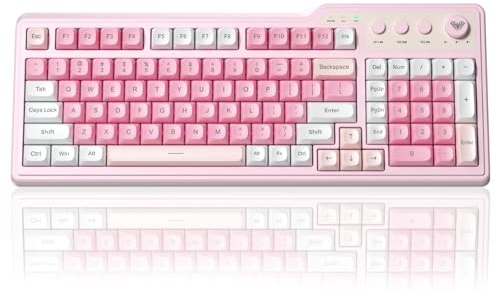 Aula F3099 Wireless Keyboard with Media Knob, Tri-Mode BT5.0/2.4GHz/USB-C Cute Creamy Keyboard with Number Pad, RGB Backlit Gaming Keyboard, Quiet Typing Pink Computer Keyboards for Office Laptop/PC