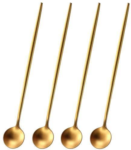 Satin Gold 9 Inch Latte Spoons,Stainless Steel 304 Long Handle Iced Teaspoons,Long Coffee Stirring Spoons Set of 4 Cocktail Stirrers