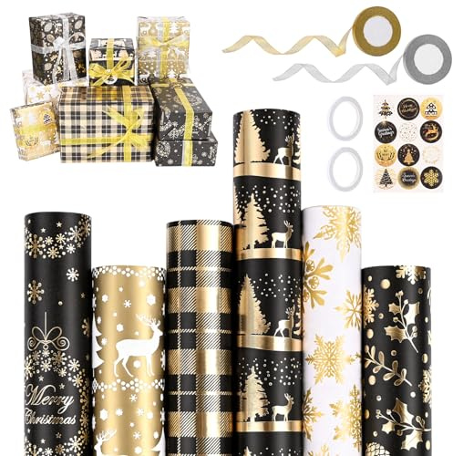 GuKKK 6 Rouleau de Papier d'emballage de Noël, 43 x 300cm Rouleau de Papier d'emballage Cadeau, Papier Cadeau pour Noël avec 2 Rubans, Imprimé avec Motif, Emballage des Papier Cadeaux, Décoration