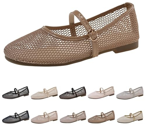 Mesh Ballet Flats for Women - Fishnet Mary Jane Shoes Casual Ballerina Flats Ladies Summer Flat Shoes Wide Width Casual Summer Daily Dress Flat Mary Janes