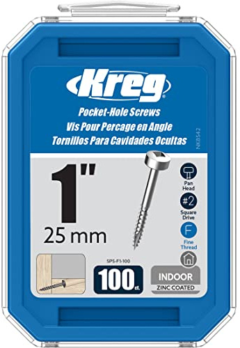Kreg Zinc Pocket-Hole Screws - SPS-F1-100 - 1-Inch - Fine Thread - Pan Head - Indoor - 100 Count