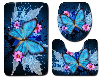 Bath Mat Sets,Butterfly Bathroom Toilet Floor Mat Door Mat Bathroom Carpet Toilet Rug 3 Pcs Butterfly Bath Mats Anti Slip Bathroom Mat Set Washable