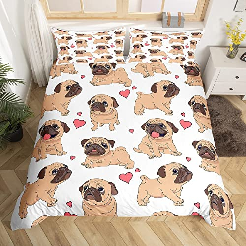 Loussiesd Puppy Duvet Cover Set-Cartoon Pug Print Bedding For Kids Boys Girls-3D Animal Theme Comforter Cover-Cute Dog Quilt Bedroom Collection-3Pcs Double Size