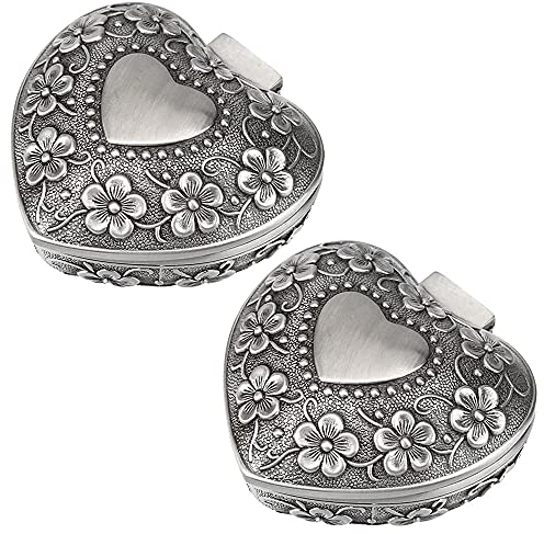 Zasvec 2 Pezzi Scatola Portagioie a Forma di Cuore Argento Storage Case Vintage Organizzatore