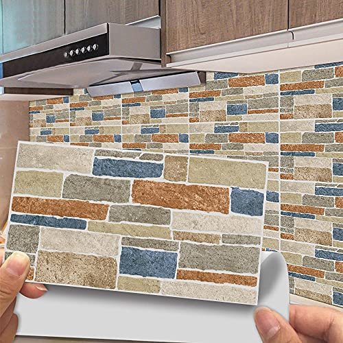 Hiseng 12pcs Kitchen Bathroom Wall Tile Stickers, 20 * 10cm DIY Rectangle Decals 3d Rustic Rural Style Sticker for Kitchen Living Room Bathroom Home Decor Self-Adhesive (Dark blue stone brick)