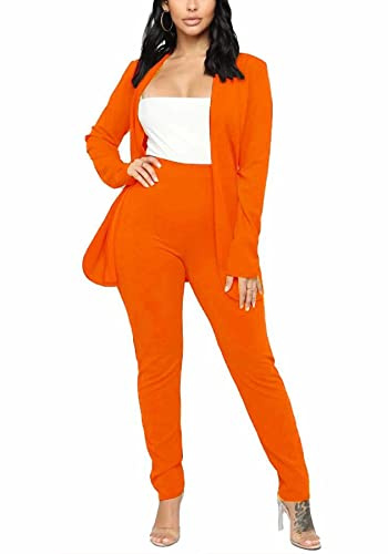 Women's 2 Piece Blazer Pants Suit Casual Solid Open Front Long Sleeve Blazer and Slim Fit Pant Set Orange