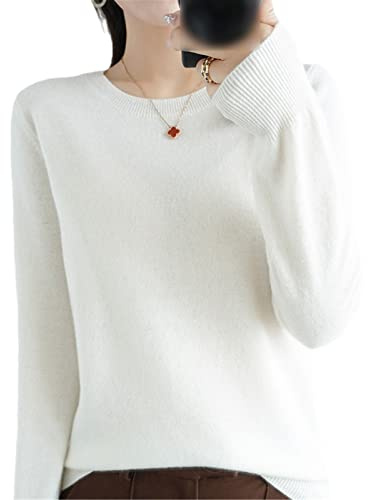 Maglione 100% lana cashmere da donna, con scollo a O, pullover casual, lavorato a maglia, autunno inverno, bianco, M