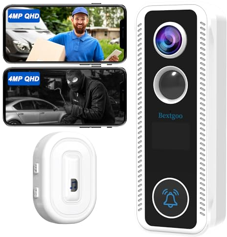 4MP Campanello senza fili da Esterno con Telecamera, Bextgoo Videocitofono Wifi, Citofono Telecamera con Suoneria, Alimentato a Batteria, Rilevamento Movimento PIR, Audio Bidirezionale, IP66