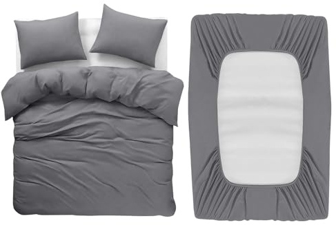 BedLooms 4 Piece Double Bedding Set Grey Duvet Cover Sets Fitted Sheet with Pilow cases Double Duvet Set Soft and Fade Resistant Brushed Microfiber Bedding Quilt Cover Set