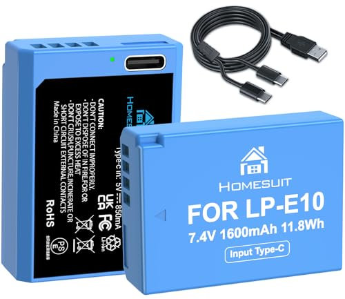 Homesuit LP-E10 Battery 1600mAh and 2 in 1 USB-C Charging Cable for Canon EOS Rebel T3 T5 T6 T7 T100 Kiss X50 X70 X80 X90 EOS 1100D 1200D 1300D 1500D 2000D 3000D 4000D Digital SLR Cameras (2-Pack)