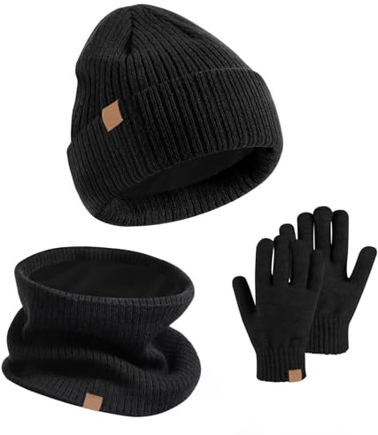 GWAWG Lot de 3 bonnets, écharpes et gants d'hiver chauds en tricot thermique pour enfants de 5 à 12 ans - Moufles tactiles - Doublure en polaire douce - Élastique - Pour enfants de 5 à 12 ans - Sports
