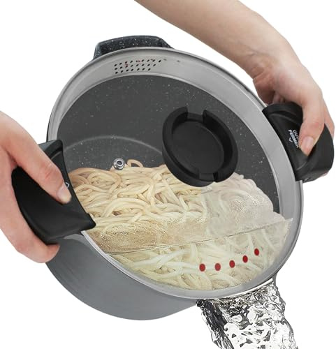 ROSSETTO 5QT Pasta Pot with Strainer Lid, 9.5'' Cast Aluminum Nonstick Multipurpose Stock Pot Spaghetti, Self-Draining Cooking Pot with Insulated Handles for Soup, and Boiling