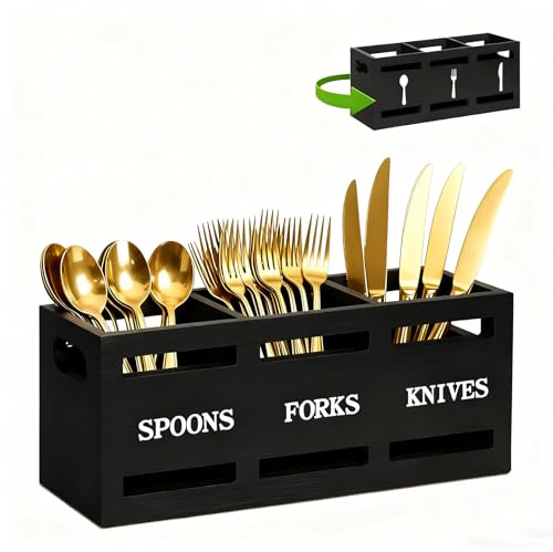 LONG TAO Kitchen Utensil Holder Wooden Cutlery Holder Black Silverware Utensil Caddy Cutlery Organizer 3 Compartment Silverware Containers for Kitchen Counter Spoons Forks Knives Tools Storage