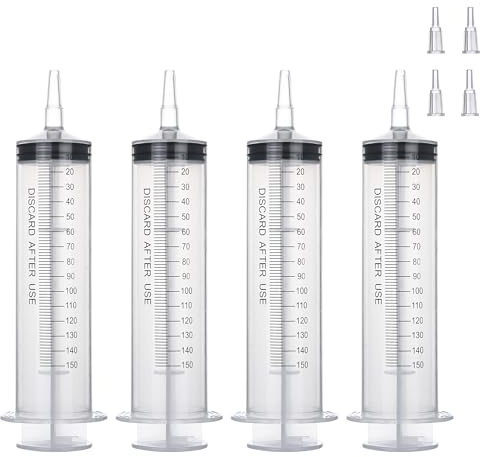 4 Pack 150mL Syringes for Liquid - Large Garden Syringe with Tip Adapter for Liquids, Oil, Watering Plants, Refilling, Measuring, Leak-Proof Design