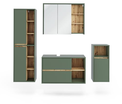 Vicco Set di mobili da bagno Viola, Verde/Artigianale, 100 cm, composto da mobile lavabo, pensile a specchio, colonna e base media