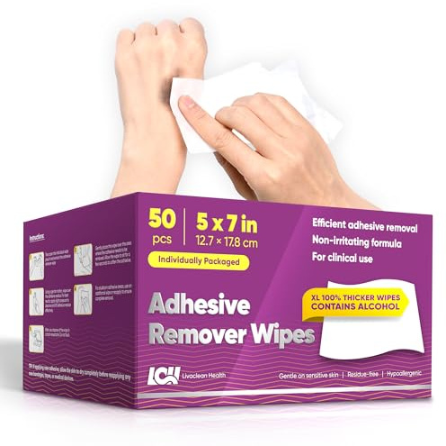 50 CT Large Adhesive Remover Wipes – 5x7 60 GSM Thick Medical Adhesive Remover for Skin – Bandage Adhesive Remover - Adhesive Wipes for Tape, Dressings, and Ostomy Residue by Livaclean Health