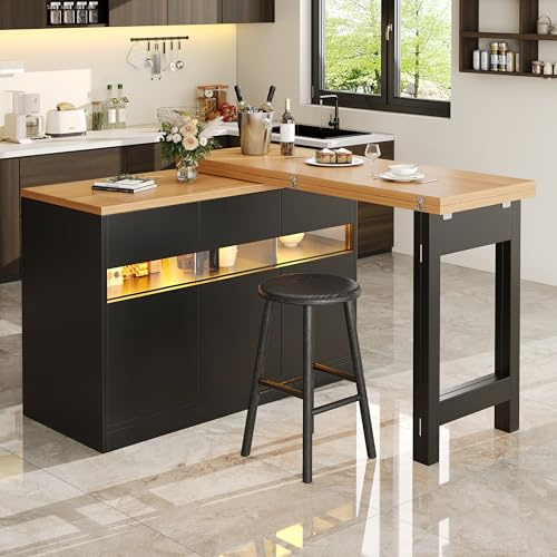 Kebnor Ausziehbarer Bartisch mit LED-Beleuchtung und 360° Drehfunktion, Höhenverstellbar 120-180cm, Moderner Kücheninsel Tisch mit Stauraum, für Wohnzimmer, Esszimmer, Homeoffice