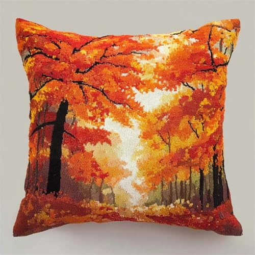 Kitquiver Kit De Almohada Con Aguja De Cierre Paisaje De Bosque Otoñal Kits De Aguja De Pestillo Diy,Cojín Estampado,Kit De Agujas Ganchillo,Funda De Almohada,Alfombra,Decoración Del Hogar 43x43cm