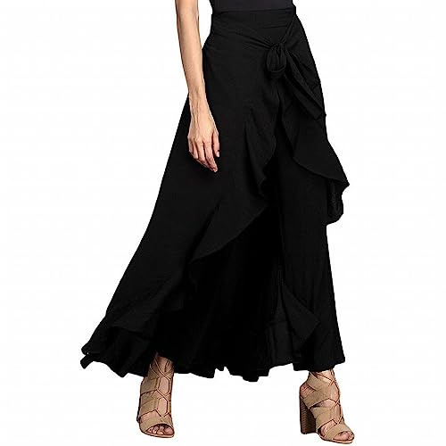 Women's Elegant Trouser Skirt Irregular Ruffle Casual Trousers High Waist Plain Party Dress Long Skirts Trousers with Belt Women Yoga Trousers Palazzo Marlene Trousers with Valance Pants, black, L