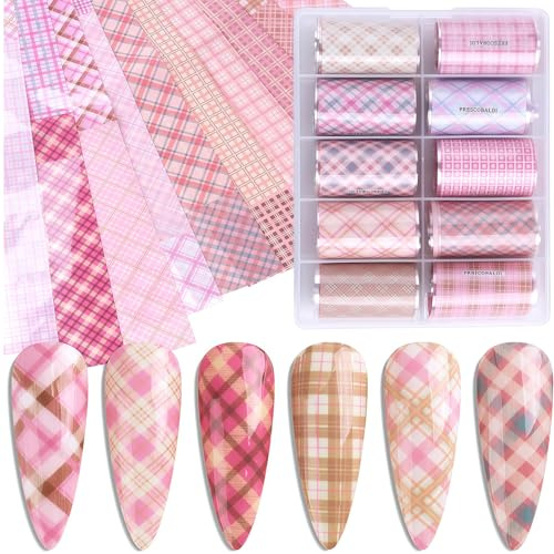 Zosutetoxo 10 Pack Stickers, nail extension templates for gel x and polygel, 10 rolls of nail foil transfer with check print and geometric lines for manicure decor