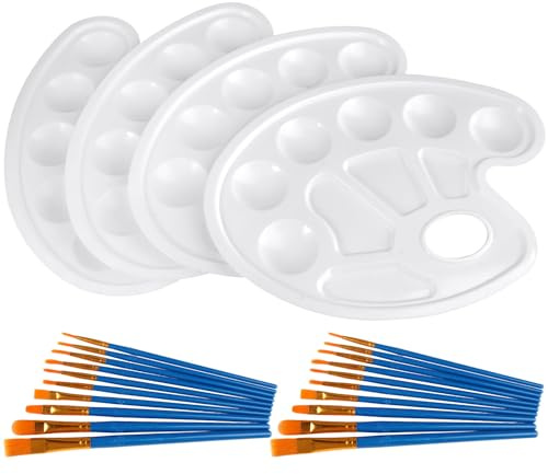 4 Piezas Bandejas Plastico Paleta Pintura Acrilica, Paleta de Mezcla con Agarre de Pulgar y 20 Pinceles, Paleta de Pintura con Orificio, para Pintura Arte, Aceite, Acuarelas, Pintores, Estudiantes