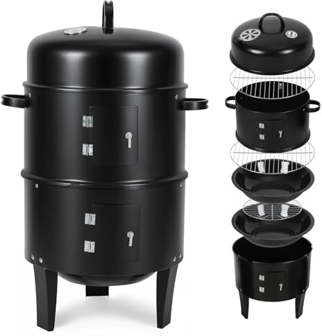 Hebitod 3 i 1 rökugn smoker grill med termometer, röktunna med träkol med 2 dörrar, 2 nivåer och justerbar ventilationslucka, kompakt BBQ träkolgrill för trädgård, balkong och camping
