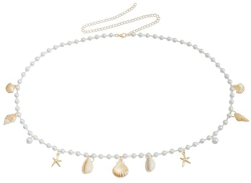 CRASPIRE Cadena Cintura Perlas Y Cuentas Cadena Vientre Ajustable Concha Mar Natural Metal Estrellas Mar Perlas Cinturón Bikini Playa Verano Accesorio Joyería Corporal Mujer Trajes Baño Fiestas 28.8