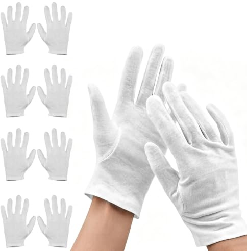 Guantes de Algodón blanco - Set de 10 Piezas (5 Pares) de Guantes de Trabajo de Algodón - 21cm - Transpirables y Duraderos - Ideal para Manualidades, Trabajos de Jardinería y Más