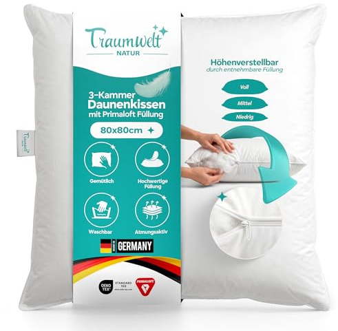 Traumwelt Natur 3-chamber down pillow, made in Germany, 80 x 80 cm, with Primaloft filling, white, suitable for allergy sufferers, Oeko-Tex Standard 100 class 1, adjustable