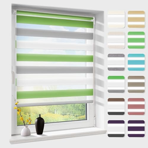 Doppelrollo klemmfix ohne Bohren, Duo Rollos für Fenster & Tür mit Bohren, Weiß Grau Grün B35 x H120cm (Stoffbreite 35 cm), Fensterrollo lichtdurchlässig & verdunkelnd, Klemmrollo Sonnenschutz