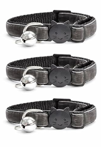 Velvet Cat Collars with Bell. Safe Breakaway Quick Release Buckle. Available in Cat & Kitten Size (Pack of 3) (Kitten Collar (15cm - 23cm), Dark Grey Velvet (Pack of 3))