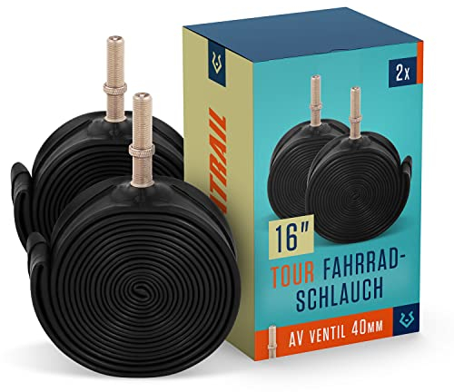 Alphatrail Fahrradschlauch 16 Zoll mit AV Autoventil 2X Set mit Mobilitätsgarantie I Kompatible Fahrradreifen Schwalbe, Continental, Conti, Michelin, Kenda & Maxxis I 16 Zoll Schlauch