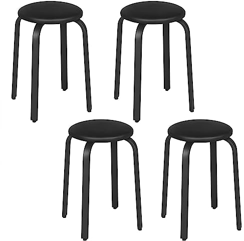 Lestarain 4er-Set Hocker stapelbar, Esszimmerhocker, Küchenhocker, Bürohocker mit Kunstlederbezug, Sitzhocker rund, Polsterhocker für Esszimmer Wohnzimmer, schwarz, LCNI116002-4