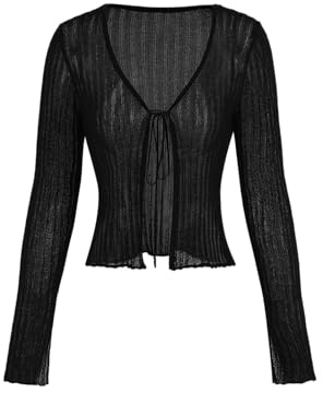 CIDER Cardigans for Women Trendy Bow Tie Front V Neck Long Sleeve Lightweight Shrug Sweater Cardigans Ribbed Knit Crochet Cardigans: Black, S