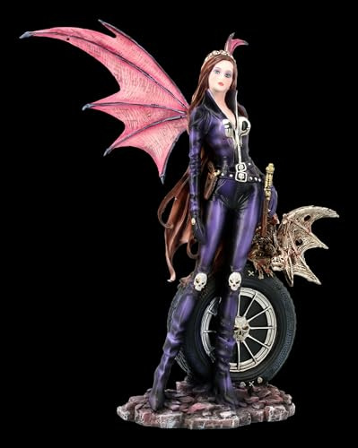 Figura di elfo Naira con drago scheletro, 25 cm, vestito da moto – Dark Angel Design, pietra artificiale, dipinta a mano, angelo gotico ciclista