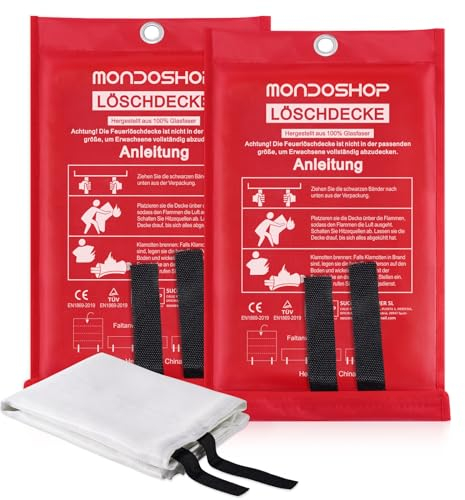 Mondoshop Lot de 2 couvertures anti-incendie de cuisine, 1 x 1 m, en fibre de verre, pour feux de graisse, barbecue, caravane, cuisine, école