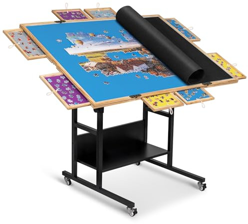 Becko US 2000 Piezas 2 en 1 Mesa de Rompecabezas inclinable y giratoria con 8 cajones, Tablero Plegable con Cubierta, mesas de Altura Ajustable con Patas para Adultos, con 4 Ruedas y Estante de