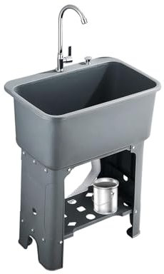 Evier Cuisine Exterieur 1 Bac,éVier Sur Pieds En,éVier Utilitaire Avec Robinet et évacuation,évier en Plastique Autoportante pour Cuisine,Garage,Jardin,terrasse 60X40X76cm (grey)